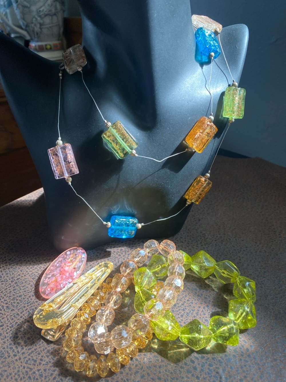 Murano Glass Beaded 32” Necklace, Hair Barrettes, Bracelet Set